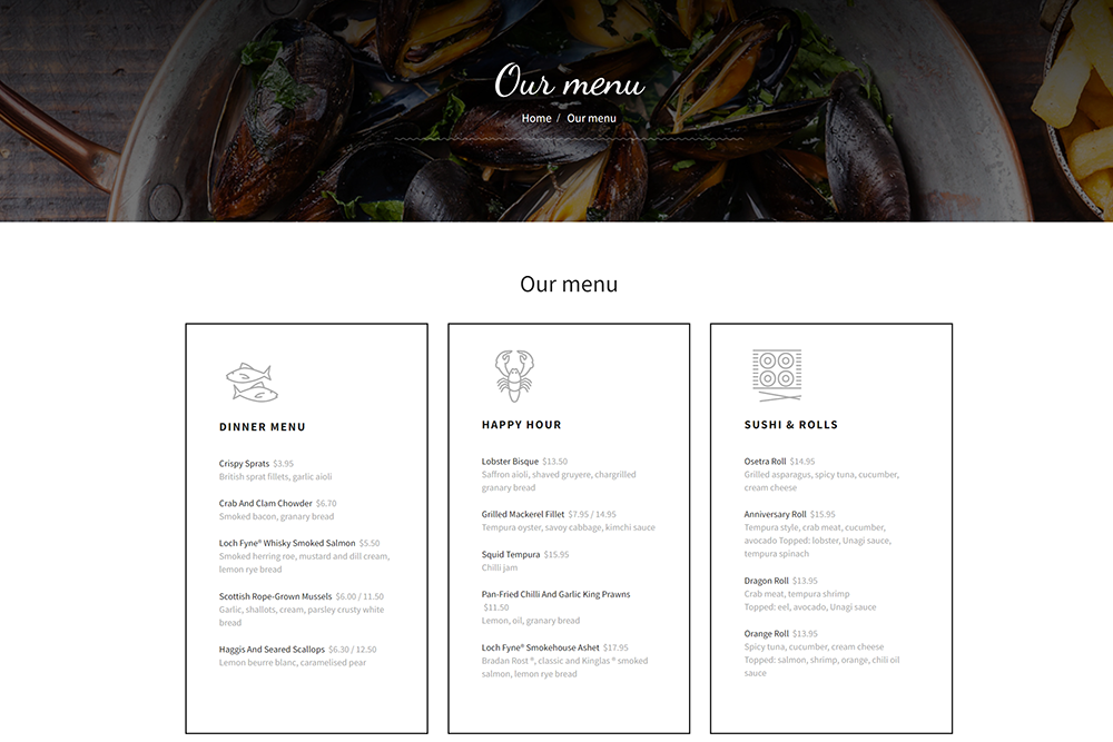 Ready site Osetra Seafood Restaurant from Ufeta IT Studio